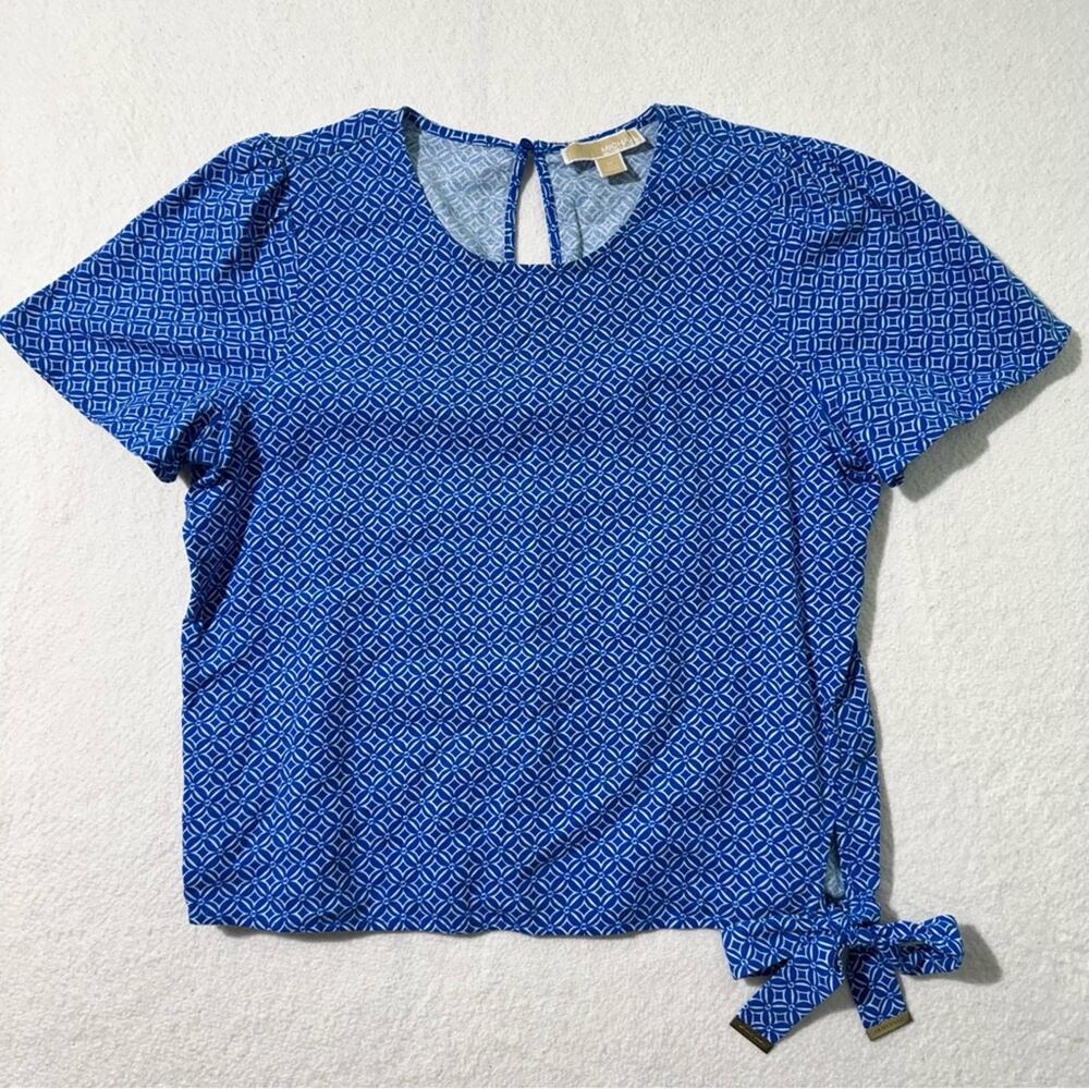 MK Michael Kors Blue Monogram Patterned Linen Side Tie Blouse Top Women's Medium